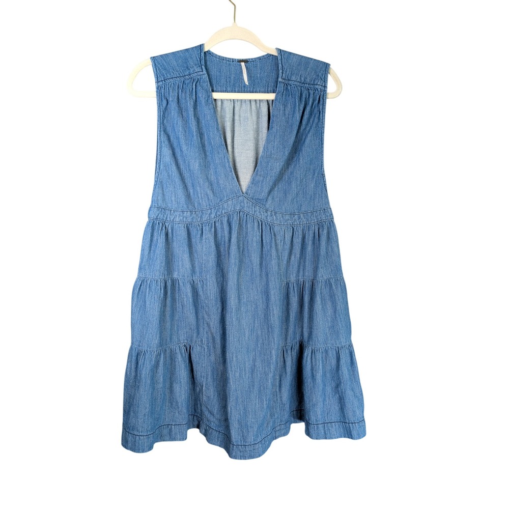Free People Mini Dress Womens S Blue Denim Cotton Linen Tiered V-Neck
